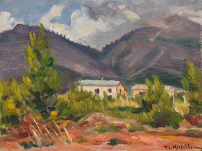 Outside Kavala Barracks, Trees, Houses, Mountains — Oil painting, Canvas, 30.00×40.00cm — Theodoros Markellos